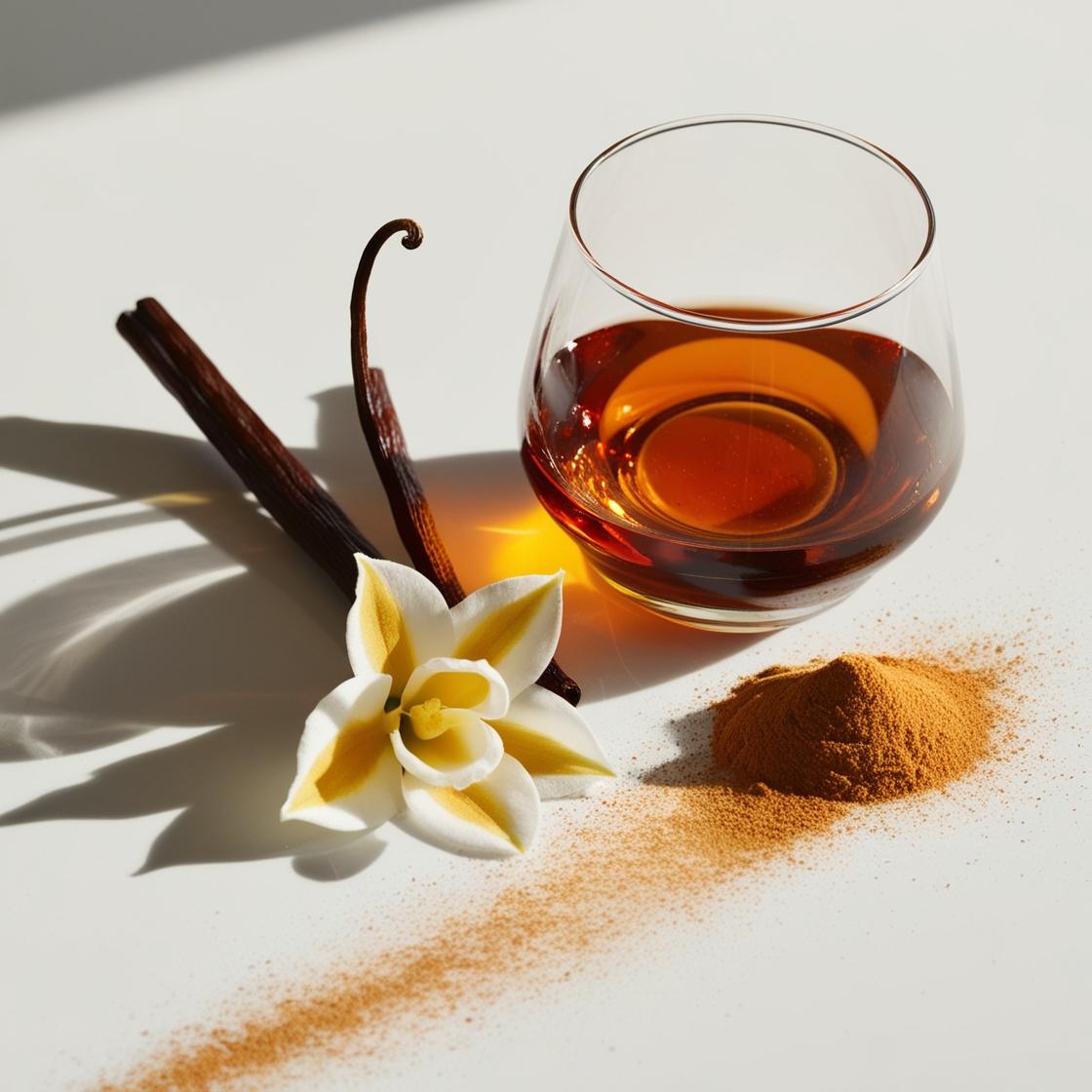 A glass of rum, vanilla and cinnamon representing the olfactory notes of the perfume.