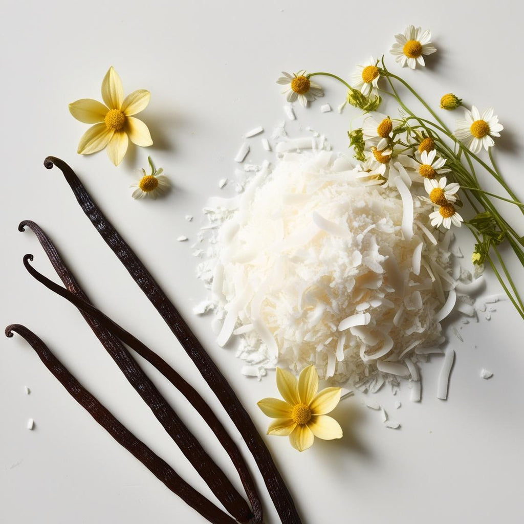 Vanilla, coconut and chamomile representing the olfactory notes of the perfume.
