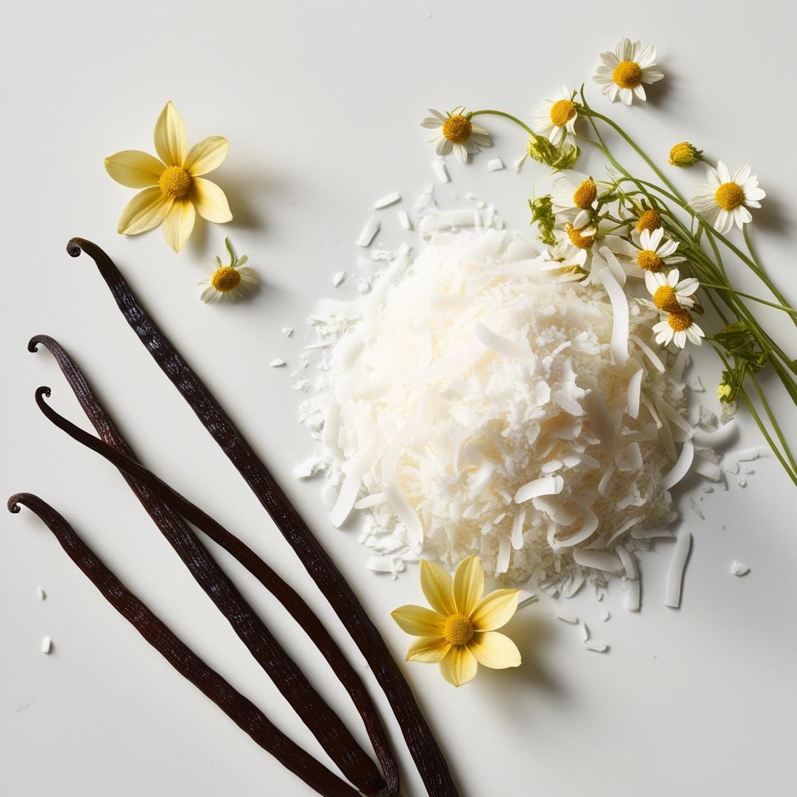 Vanilla, coconut and chamomile representing the olfactory notes of the perfume.