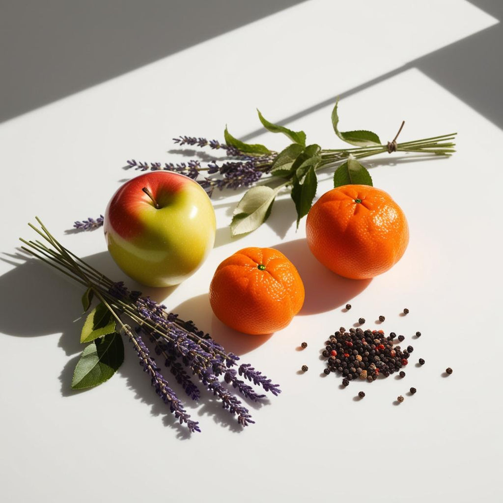Apple, mandarin, pepper and lavender representing the olfactory notes of the perfume.