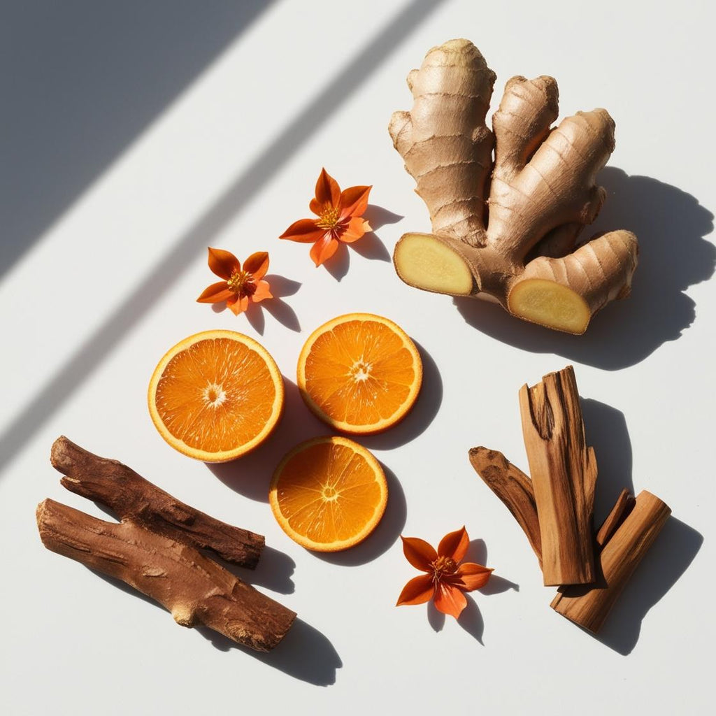 Orange and ginger representing the olfactory notes of the perfume.