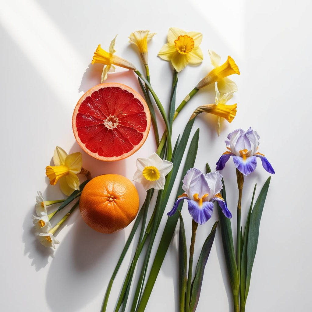 Grapefruit, narcissus and lily representing the olfactory notes of the perfume.