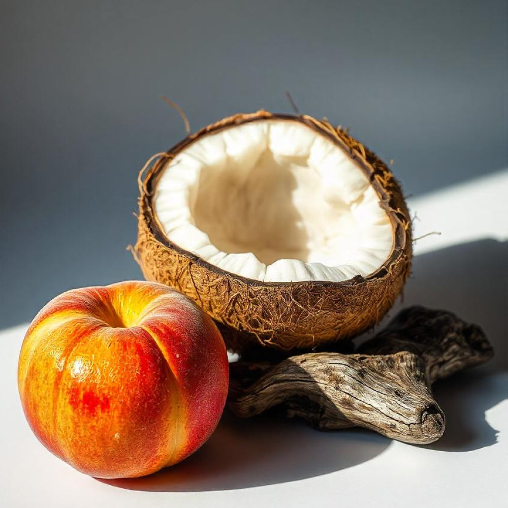 Peach, coconut and wood representing the olfactory notes of the perfume.