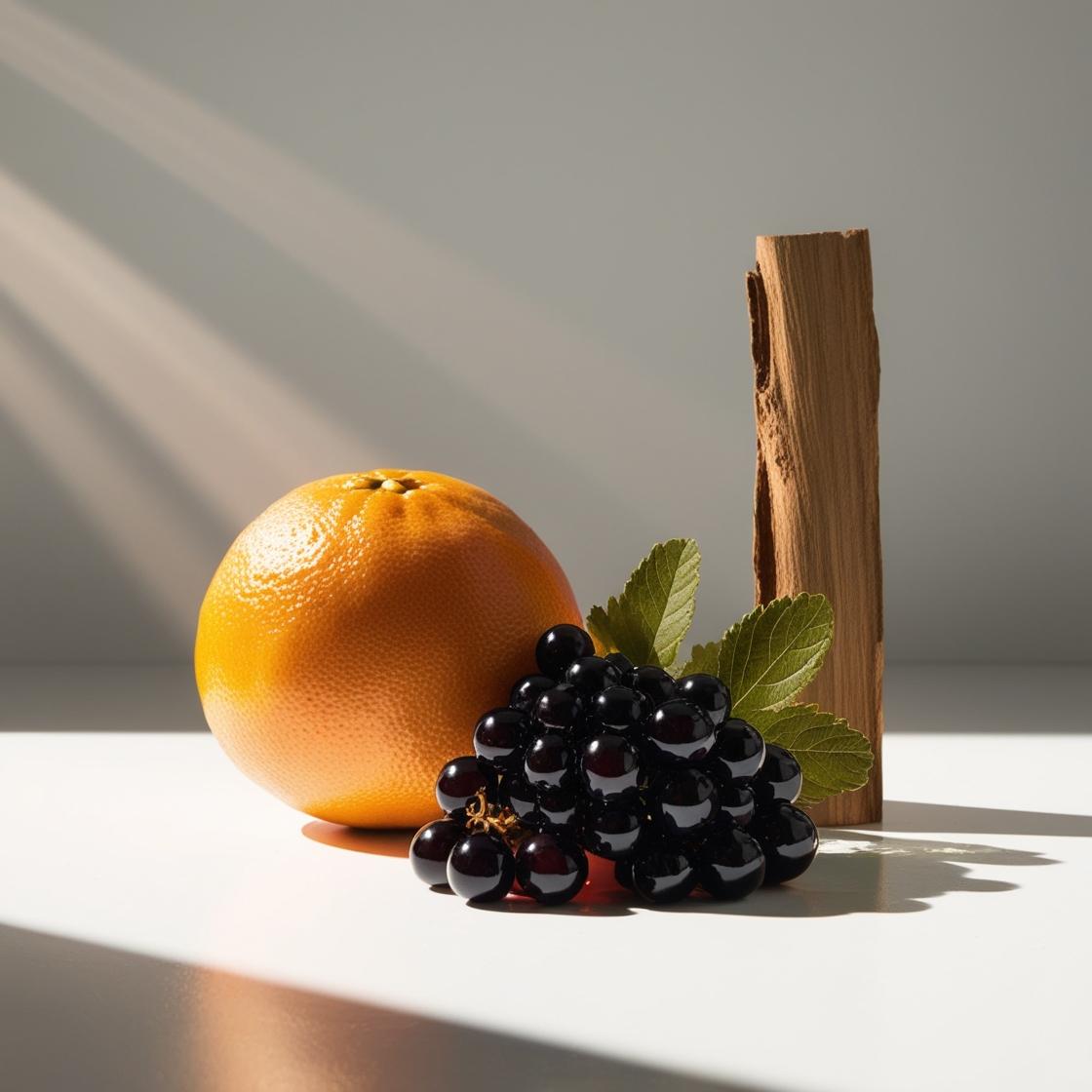 Blackcurrants and cedar representing the olfactory notes of the perfume.