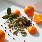 Mandarin, bergamot and pepper representing the olfactory notes of the perfume.