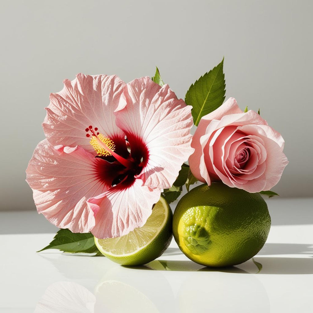 Hibiscus, rose and lime representing the olfactory notes of the perfume.