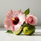 Hibiscus, rose and lime representing the olfactory notes of the perfume.