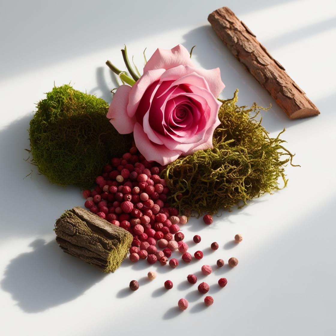 Peony, moss, wood and pink pepper representing the olfactory notes of the perfume.