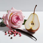 Pear, pink pepper, vanilla and rose representing the olfactory notes of the perfume.