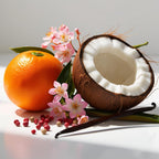 Mandarin, coconut, vanilla and pink pepper representing the olfactory notes of the perfume.