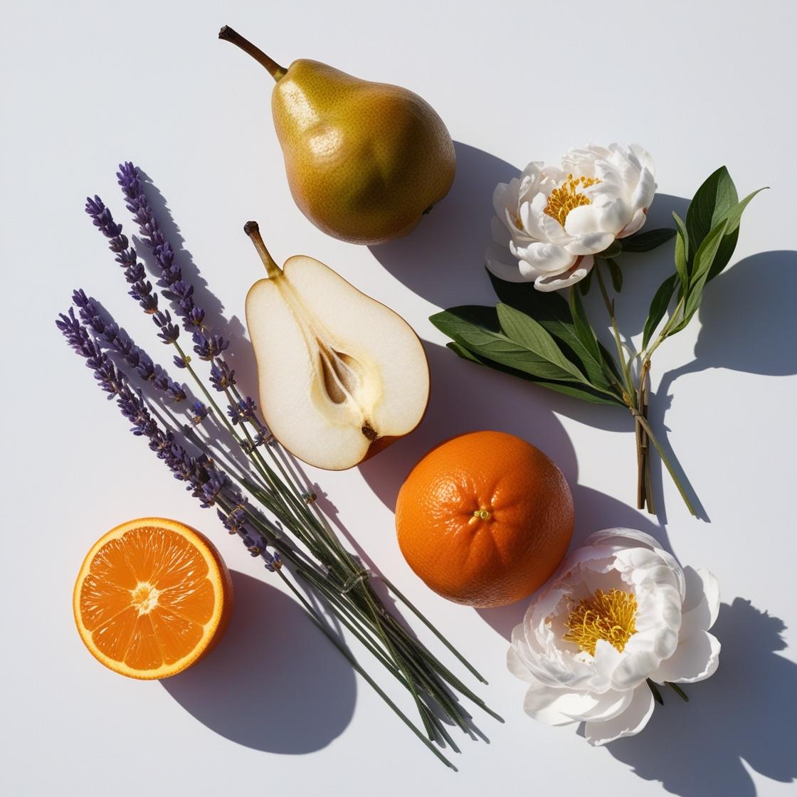 Pear, mandarin, lavender and peony representing the olfactory notes of the perfume.