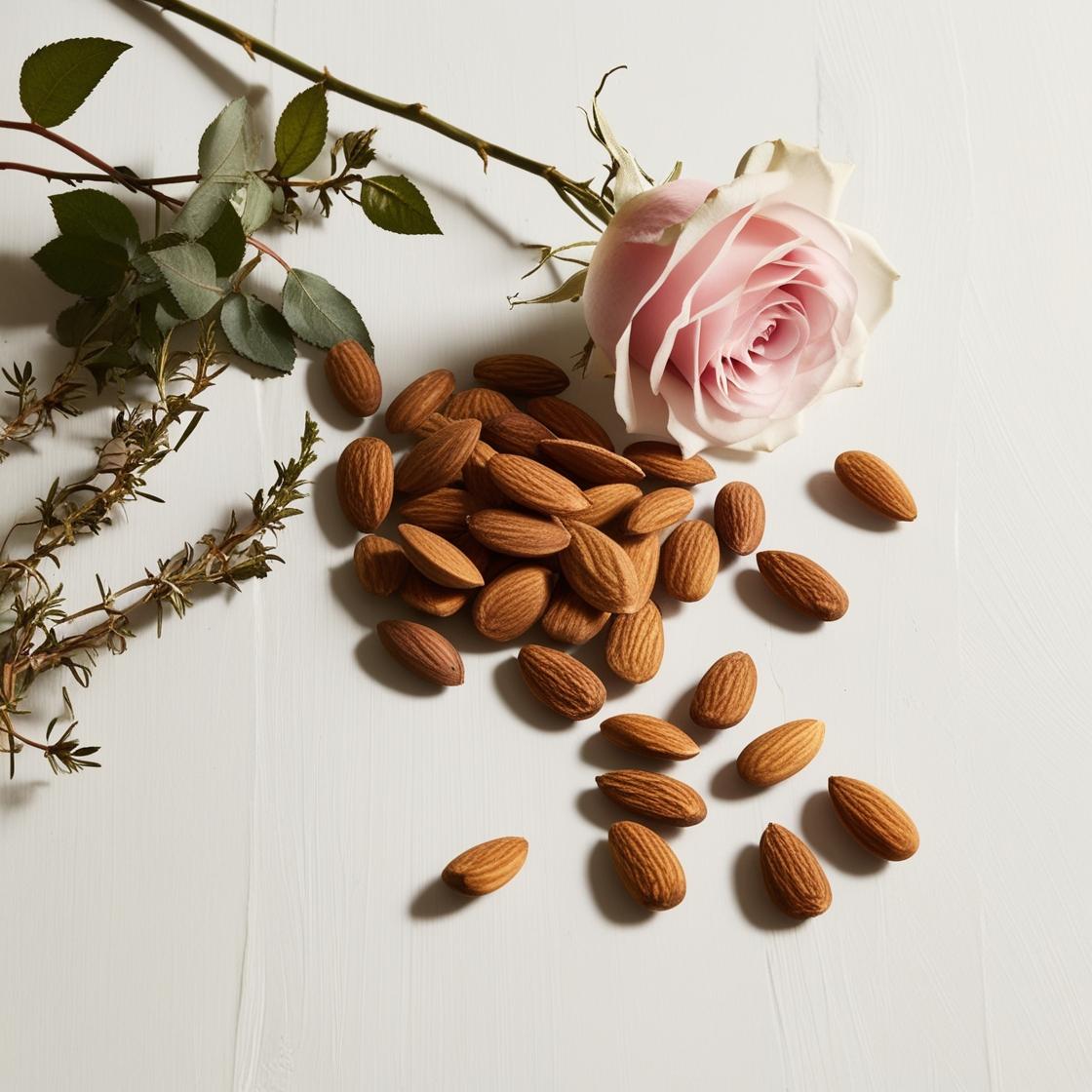 Rose and almond representing the olfactory notes of the perfume.