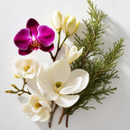 Orchid, jasmine and cypress representing the olfactory notes of the perfume.
