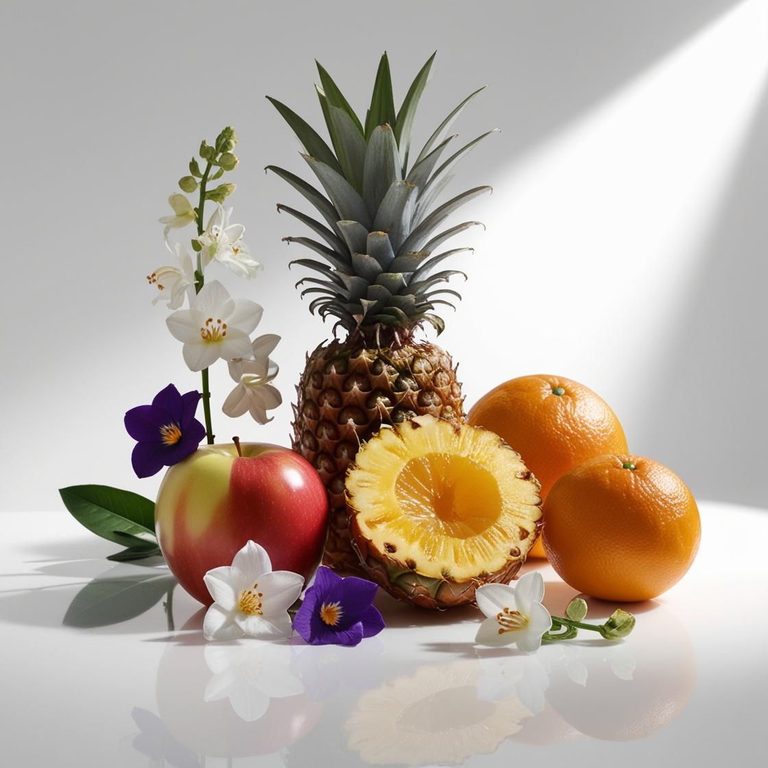 Pineapple, mandarin, apple, jasmine and violet representing the olfactory notes of the perfume.