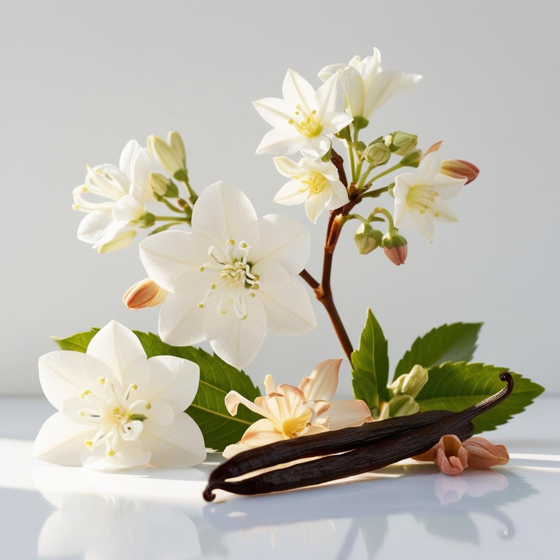 Jasmine, heliotrope and vanilla representing the olfactory notes of the perfume.