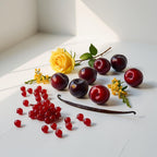 Red currant, rose, vanilla and plum representing the olfactory notes of the perfume.