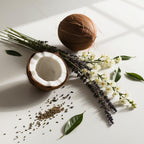Lavender, jasmine and coconut representing the olfactory notes of the perfume.