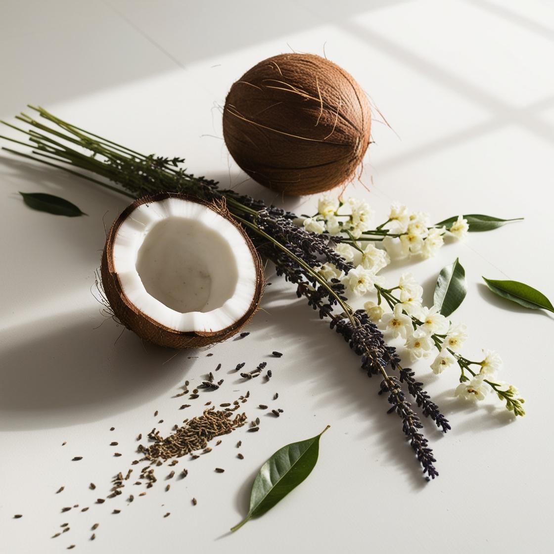 Lavender, jasmine and coconut representing the olfactory notes of the perfume.