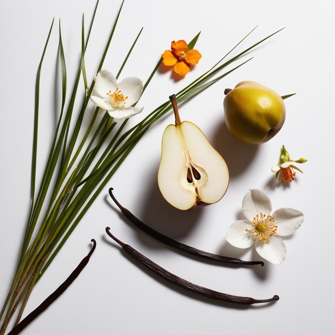 Pear, grass, orange blossom and vanilla representing the olfactory notes of the perfume.