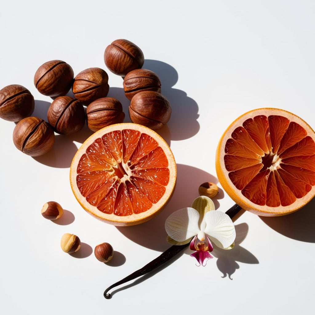 Grapefruit, vanilla and hazelnut representing the olfactory notes of the perfume.
