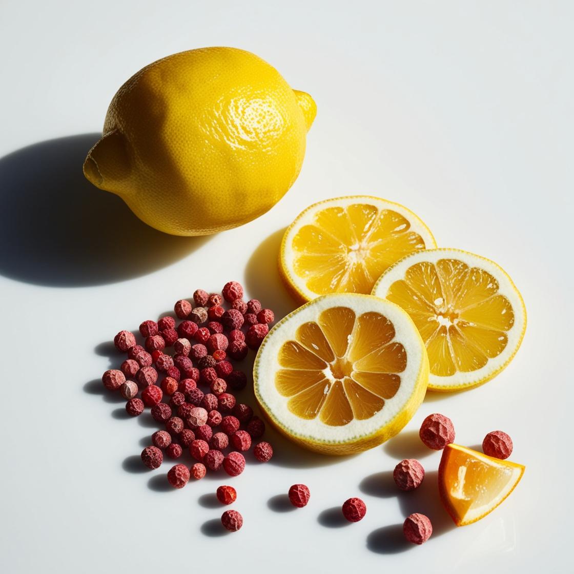 Olfactory notes with bright lemon and sparkling pink pepper.