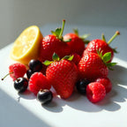 Lemon, raspberry, blackberry and strawberry representing the olfactory notes of the perfume.
