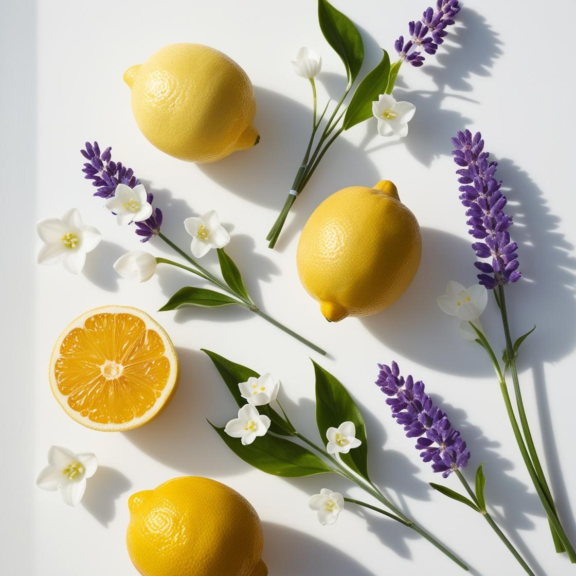 Lavender, lemon and lily representing the olfactory notes of the perfume.