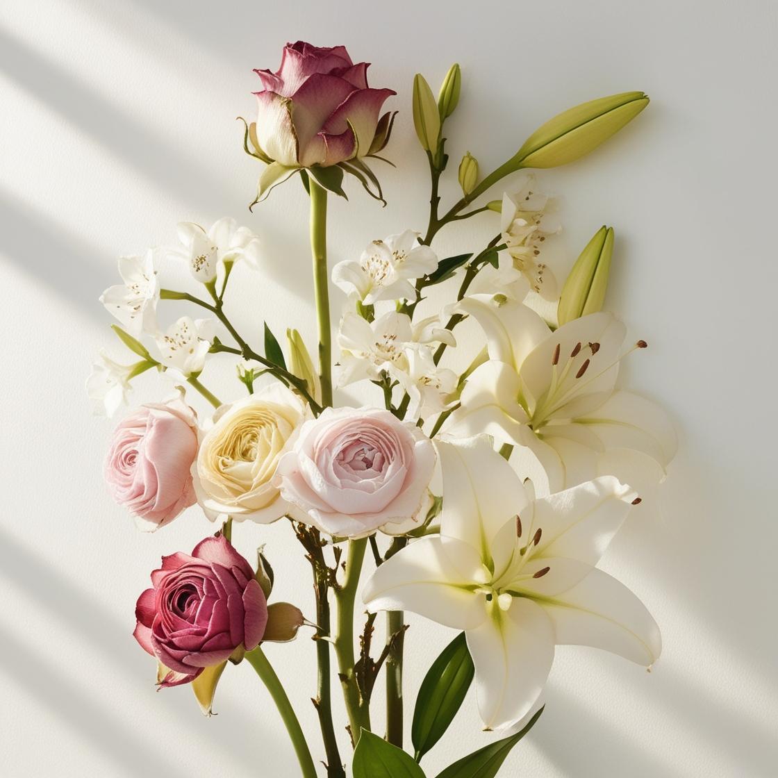 Jasmine, lily and tuberose representing the olfactory notes of the perfume.