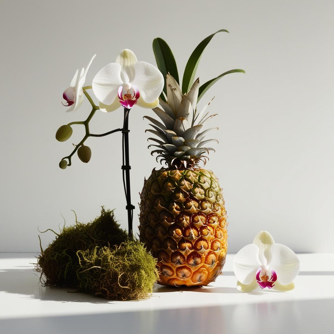 Pineapple, jasmine and moss representing the olfactory notes of the perfume.