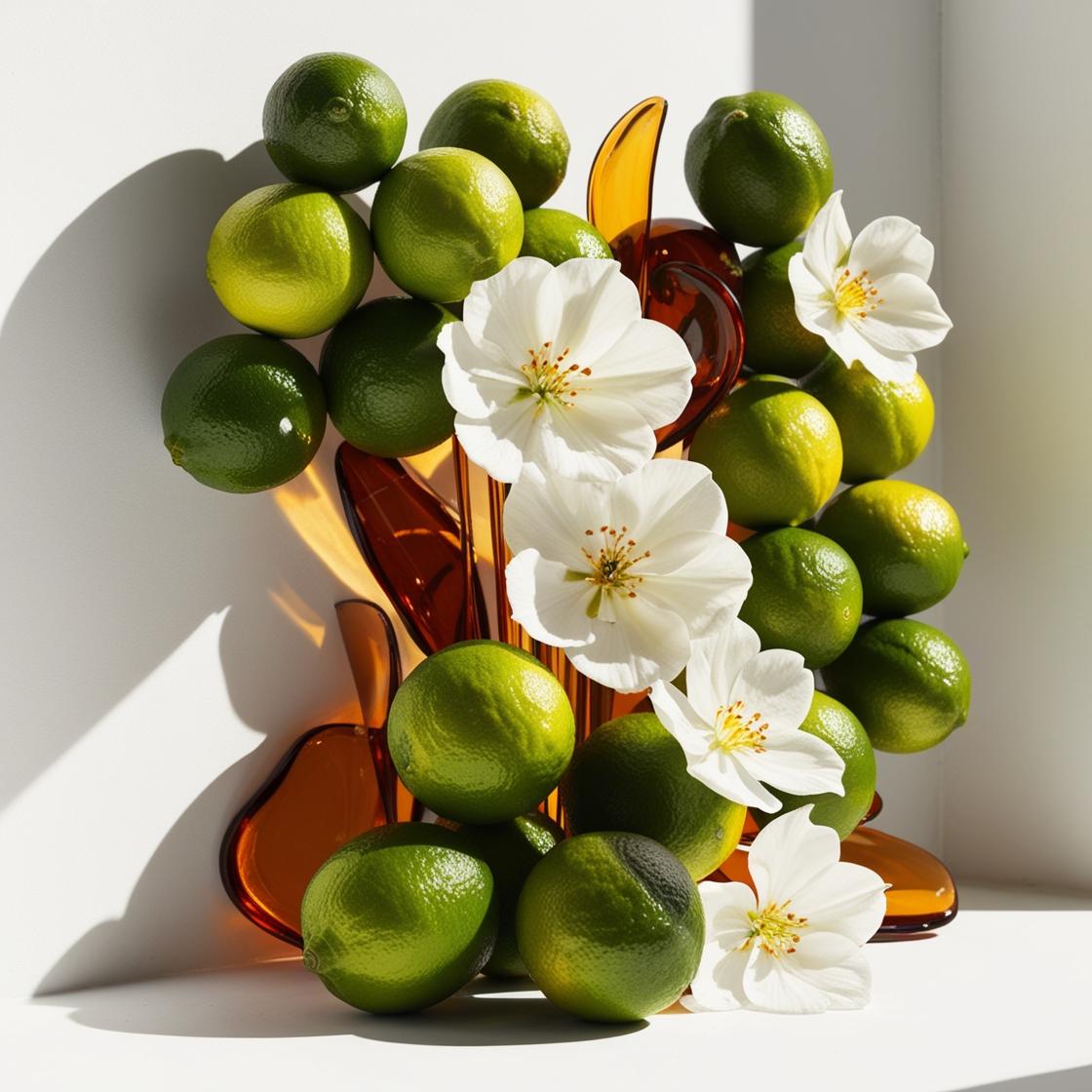 Jasmine and amber representing the olfactory notes of the perfume.