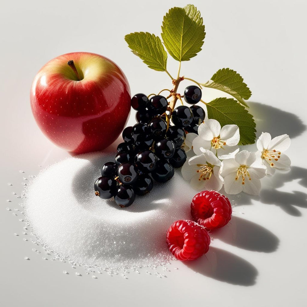 Red apple, sugar, blackcurrants and raspberry flower representing the olfactory notes of the perfume.