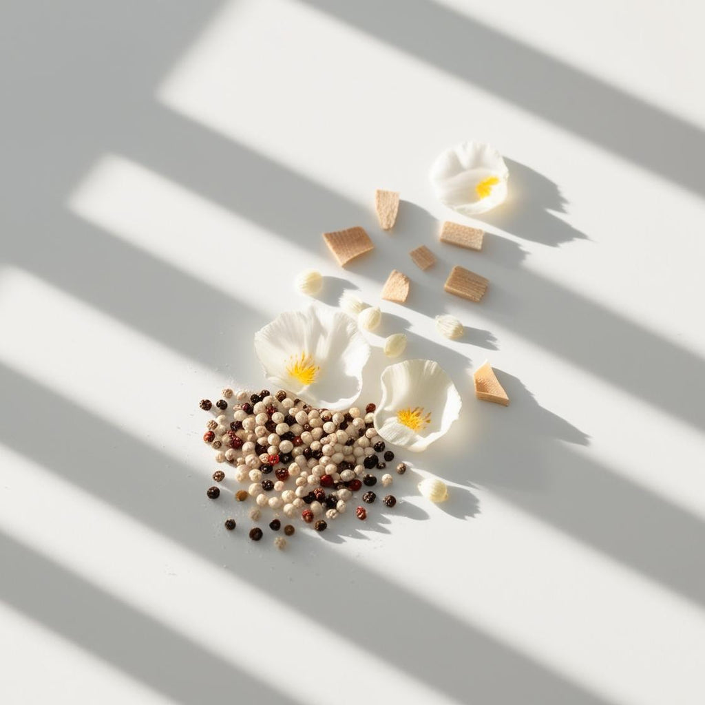 Olfactory notes with vibrant pepper, delicate white flowers and a soft woody background.