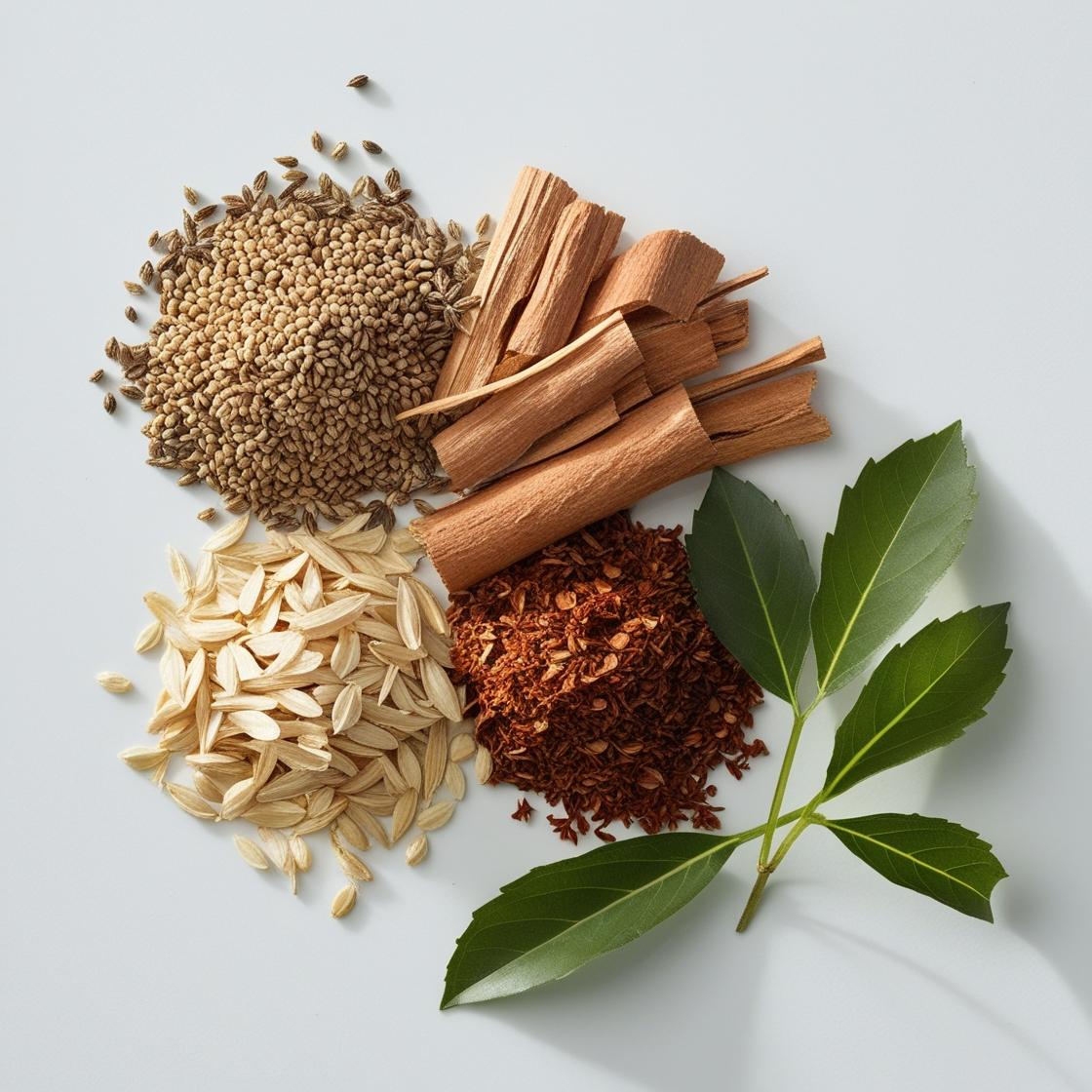 Cumin, coriander and cedar representing the olfactory notes of the perfume.