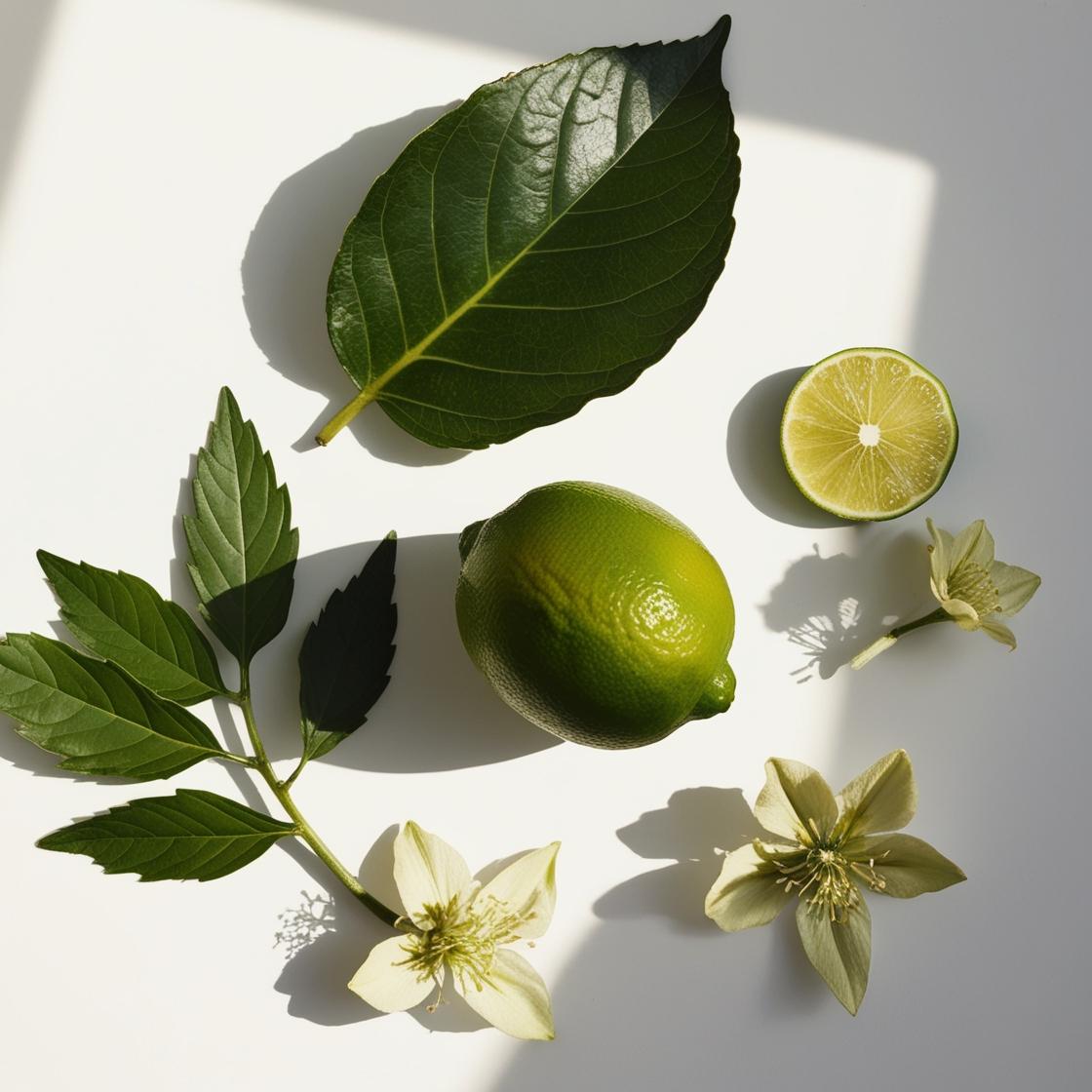 Geranium and vetiver representing the olfactory notes of the perfume.