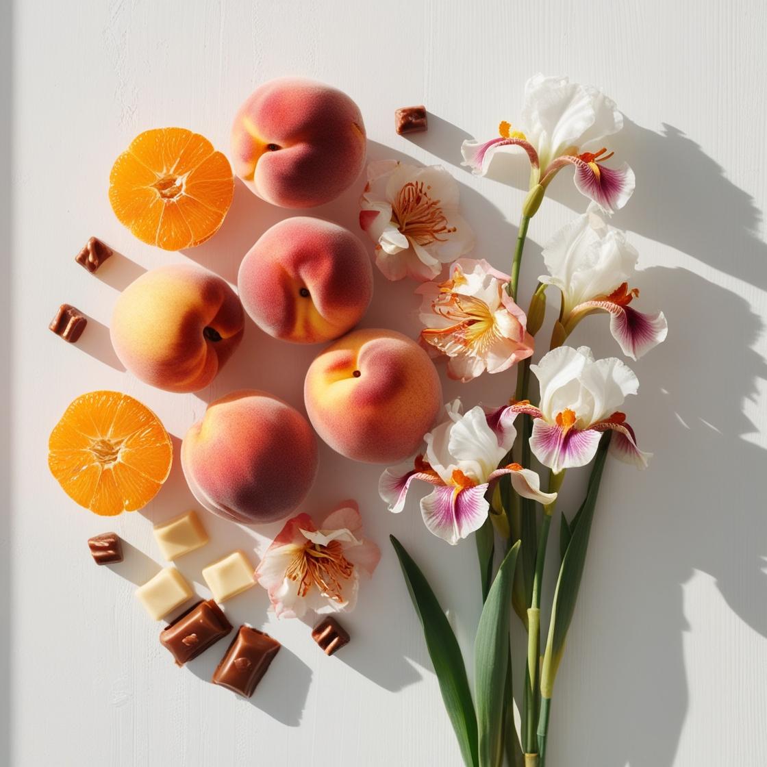 Peach, praline and jasmine representing the olfactory notes of the perfume.