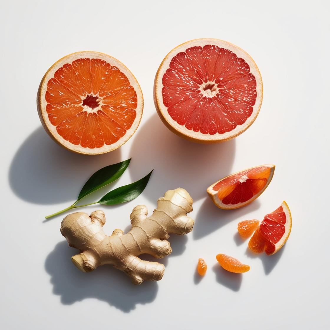 Grapefruit and ginger representing the olfactory notes of the perfume.
