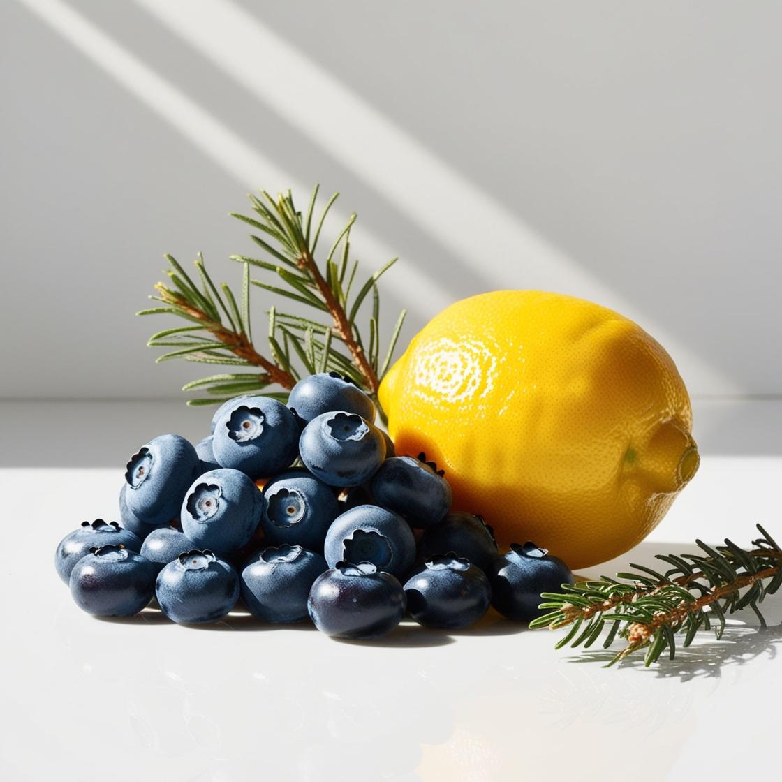 Lemon, blueberries and cedar representing the olfactory notes of the perfume.