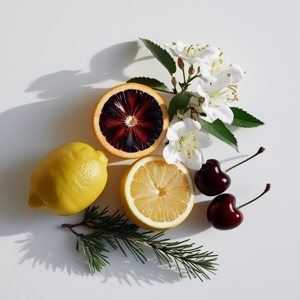 Lemon, cherry, musk and cedar representing the olfactory notes of the perfume.