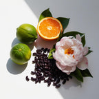 Mandarin, tonka bean and peony representing the olfactory notes of the perfume.