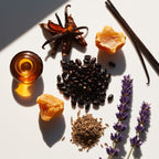 Amber, benzoin, vanilla and lavender representing the olfactory notes of the perfume.