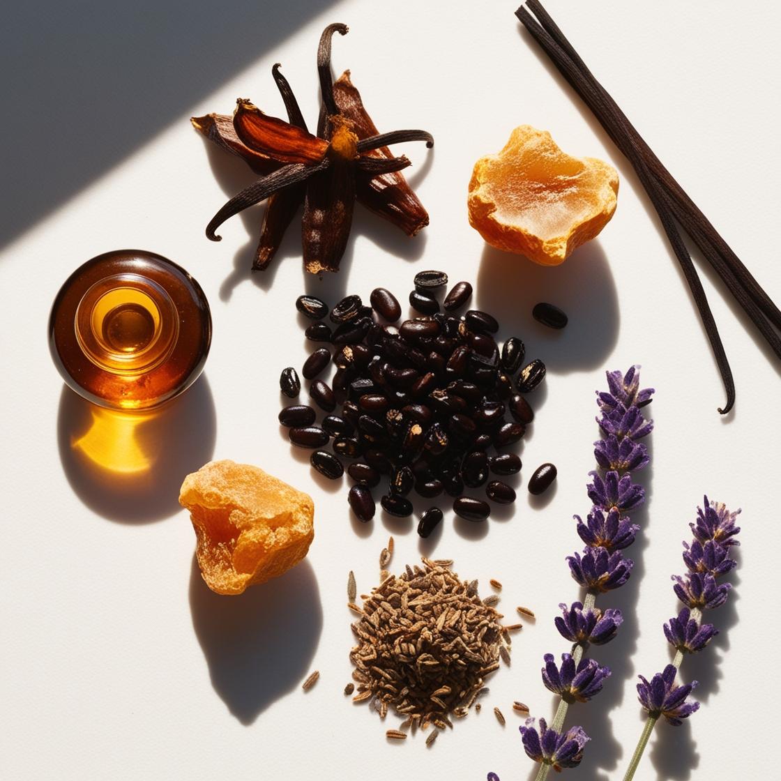 Amber, benzoin, vanilla and lavender representing the olfactory notes of the perfume.