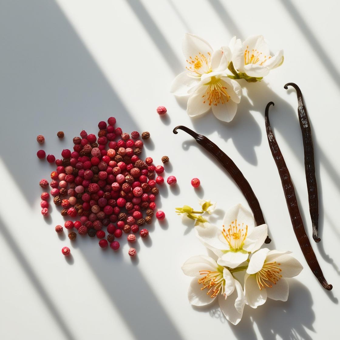 Vanilla, jasmine and pink pepper representing the olfactory notes of the perfume.