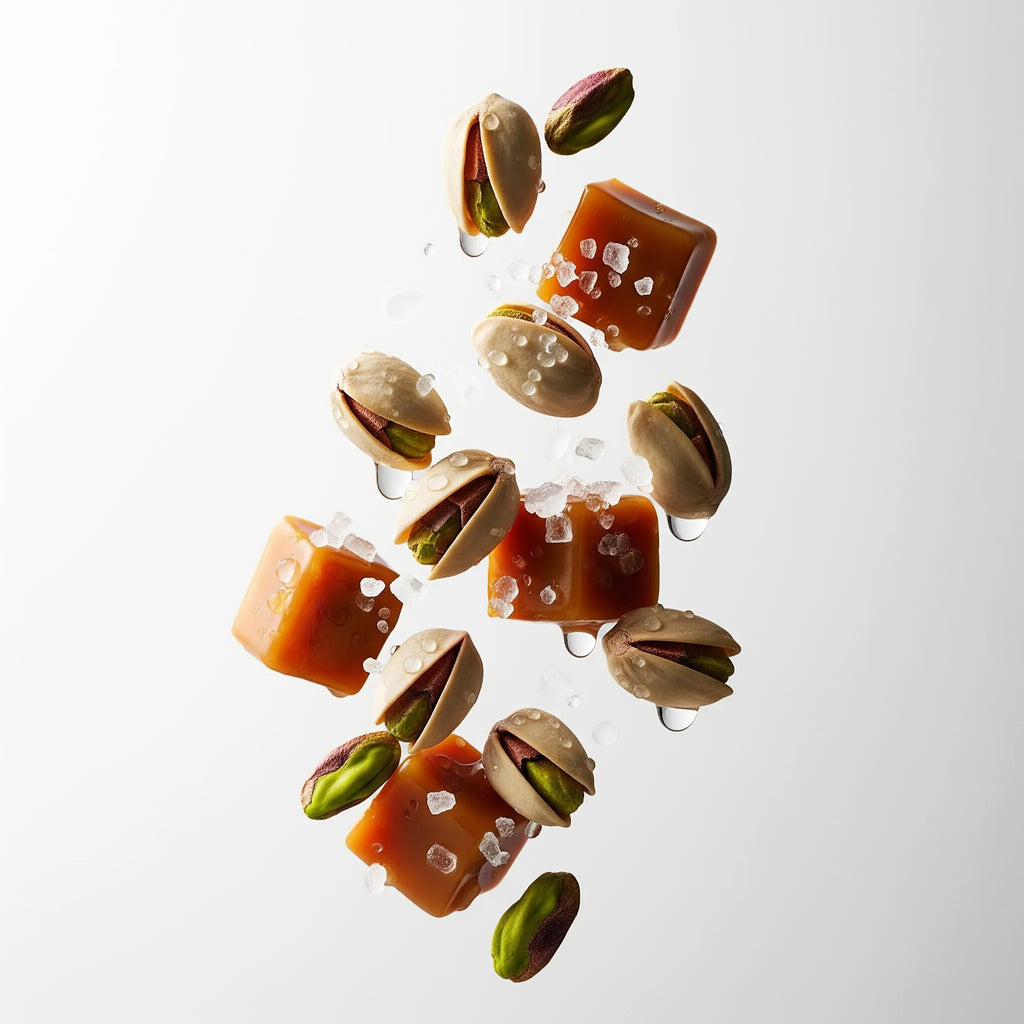 Olfactory notes of pistachio and caramel perfume.