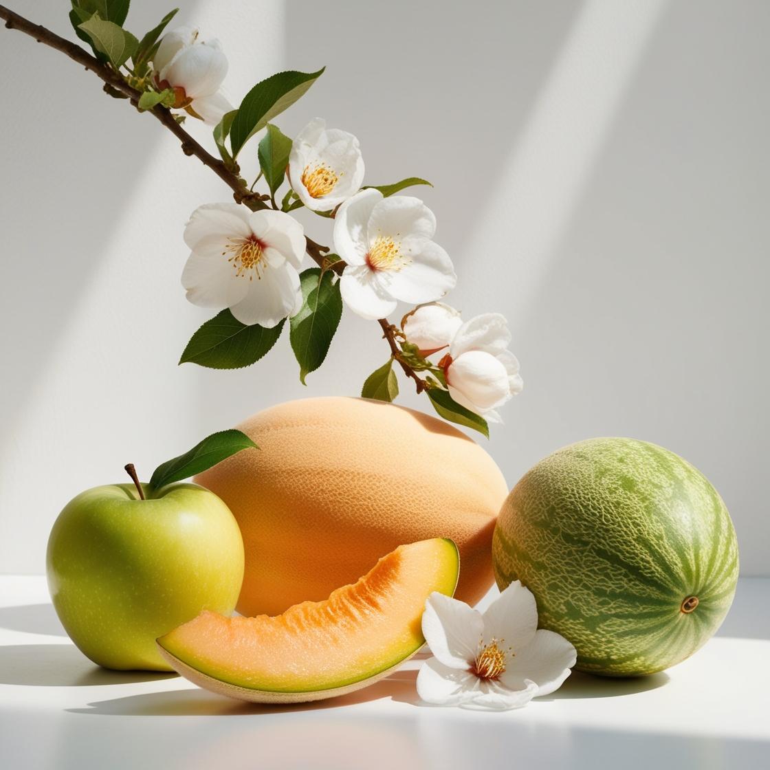 Apple, melon and jasmine representing the olfactory notes of the perfume.