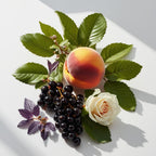Peach, rose and blackcurrants representing the olfactory notes of the perfume.