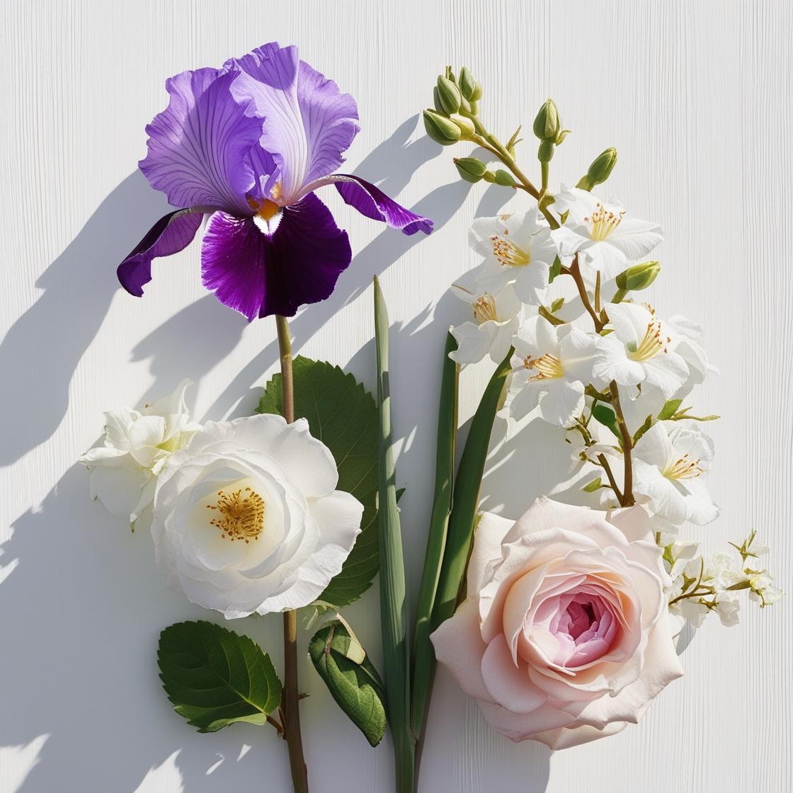Rose, iris and jasmine representing the olfactory notes of the perfume.