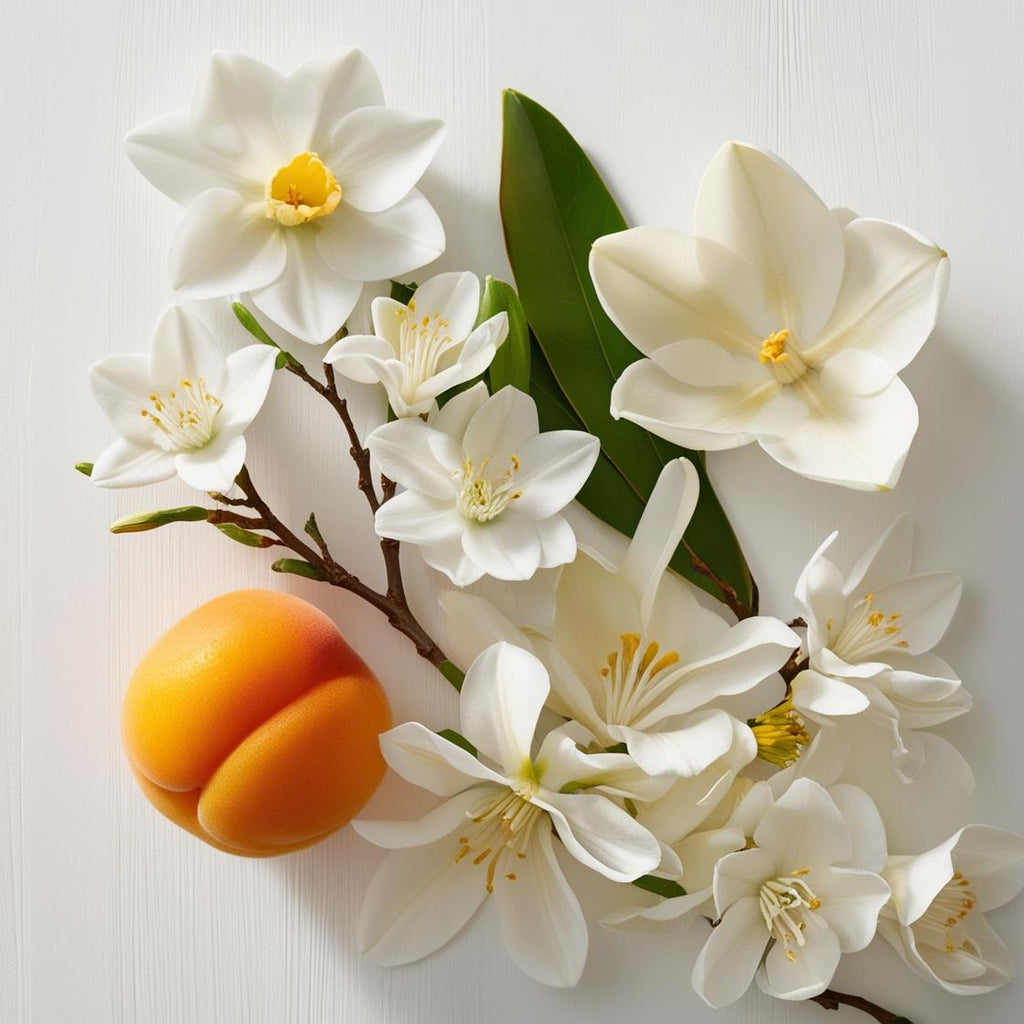 Apricot, magnolia and jasmine representing the olfactory notes of the perfume.