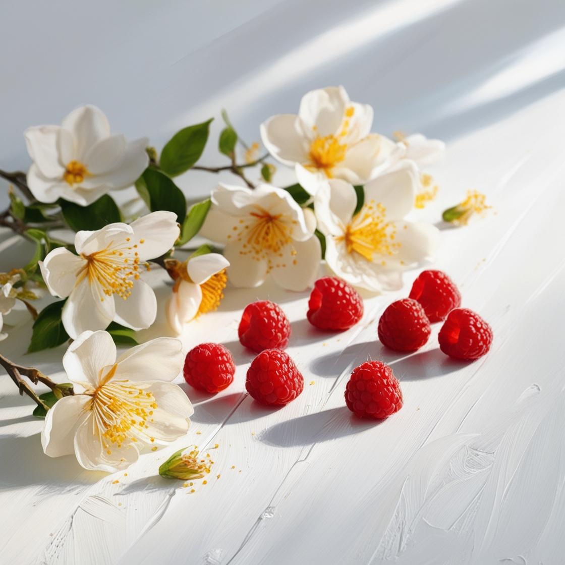 Jasmine and raspberry representing the olfactory notes of the perfume.