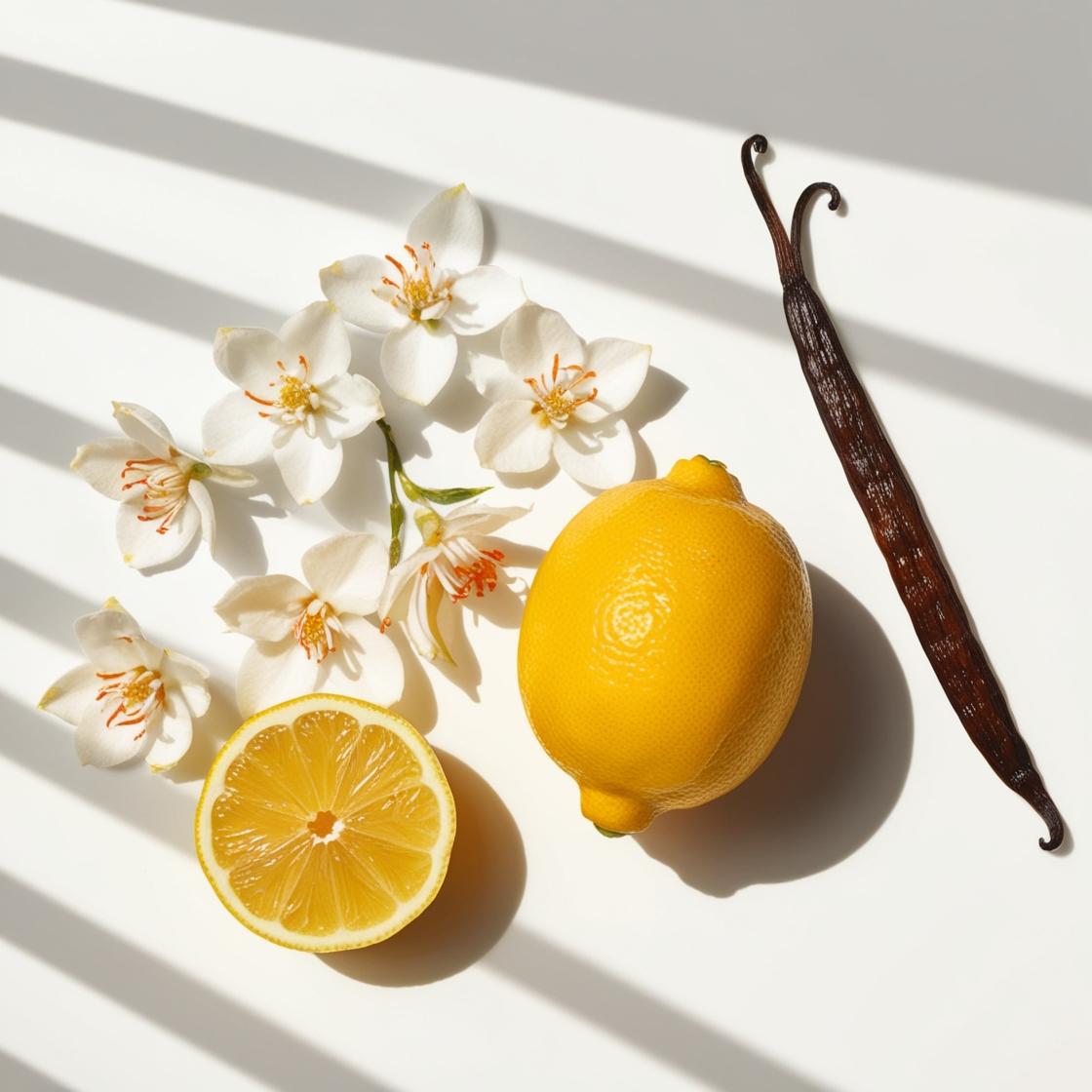 Lemon, orange blossom and vanilla represent the olfactory notes of the perfume.