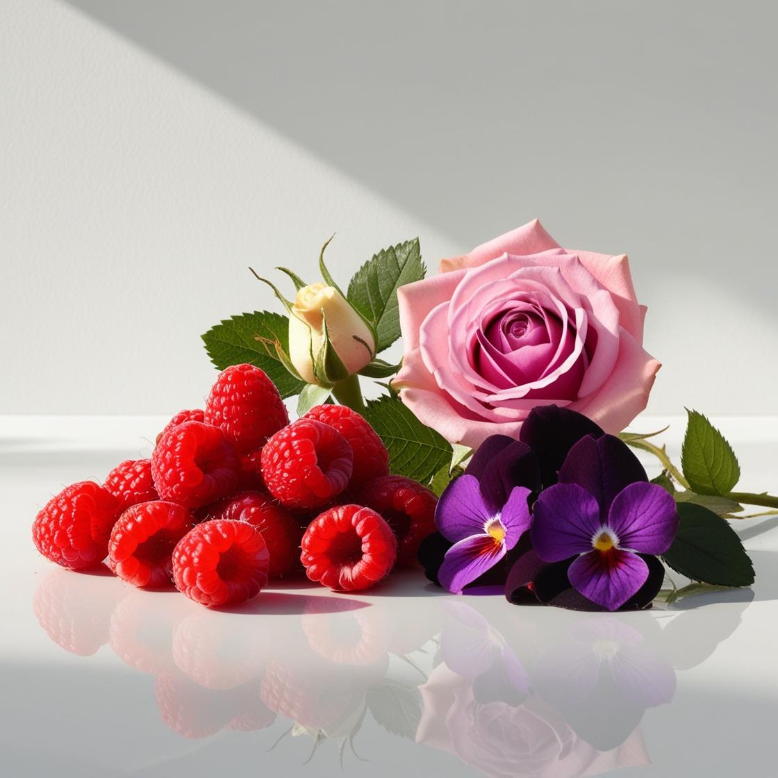 Raspberry, violet and rose representing the olfactory notes of the perfume.